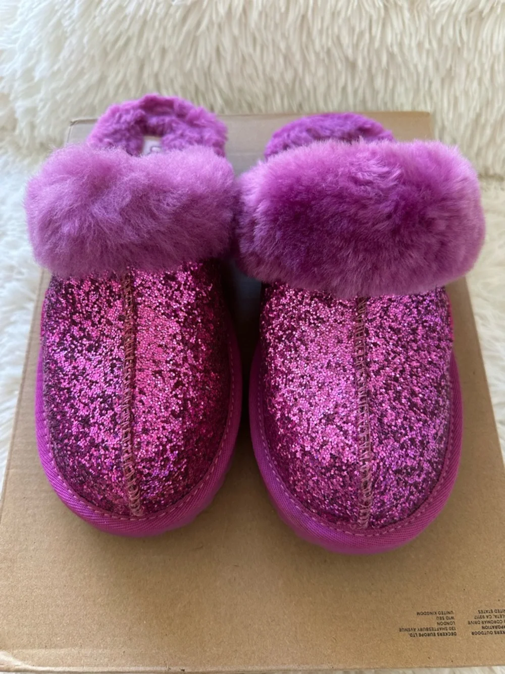 UGG Purple Glitter Cozy II Shearling Fur Slip On Mule Slippers Girls Size 4